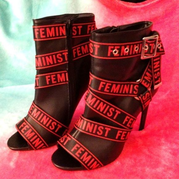 Unique Bondage Feminist High Heels Peep Toe Black & Red Women's 8 - Picture 1 of 8